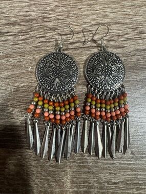 Bohemian Silver-Tone Orange Multi-Bead Dangle Earrings